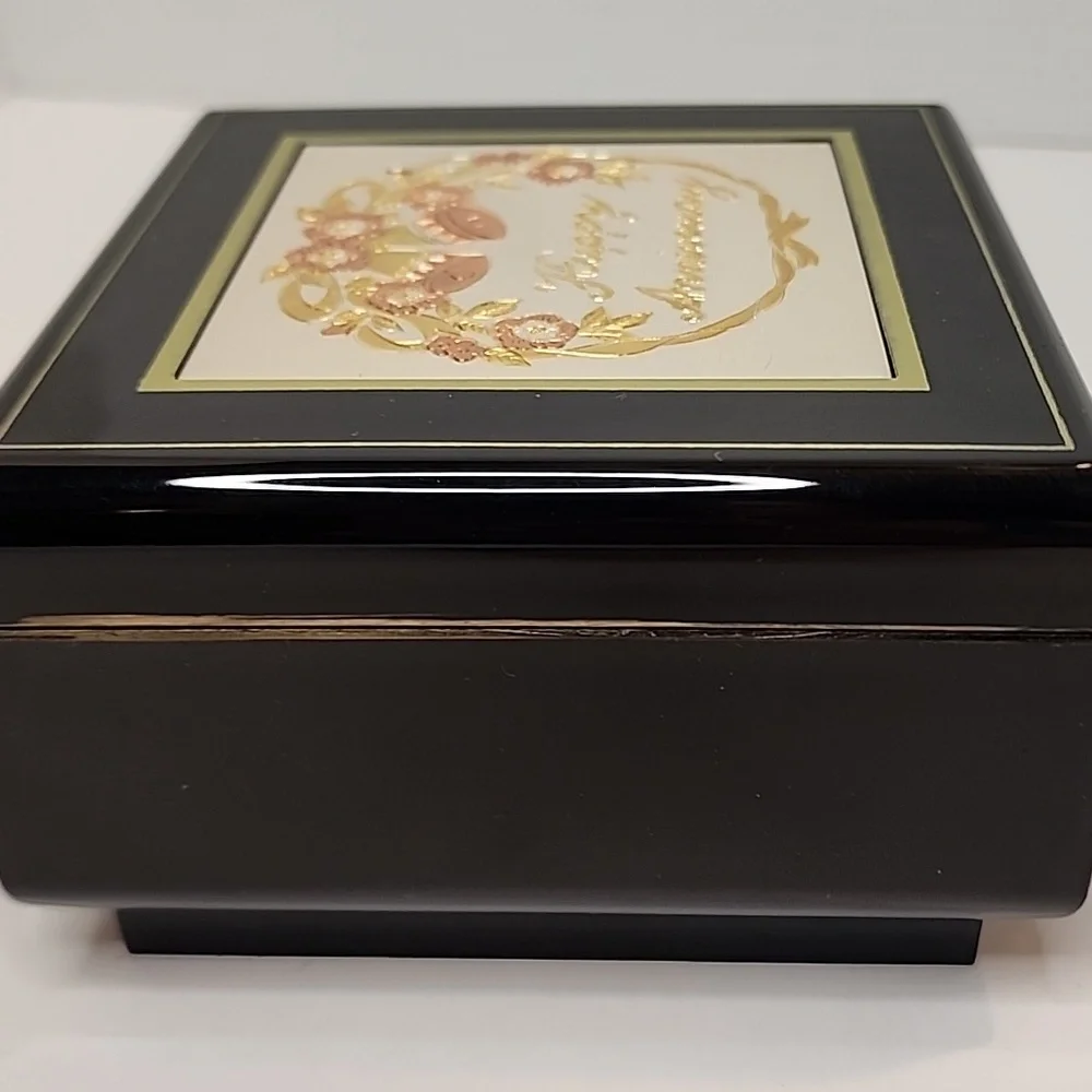 MUSIC & JEWELRY Box Says Happy Anniversary Black Gold San Francisco Music Box Co